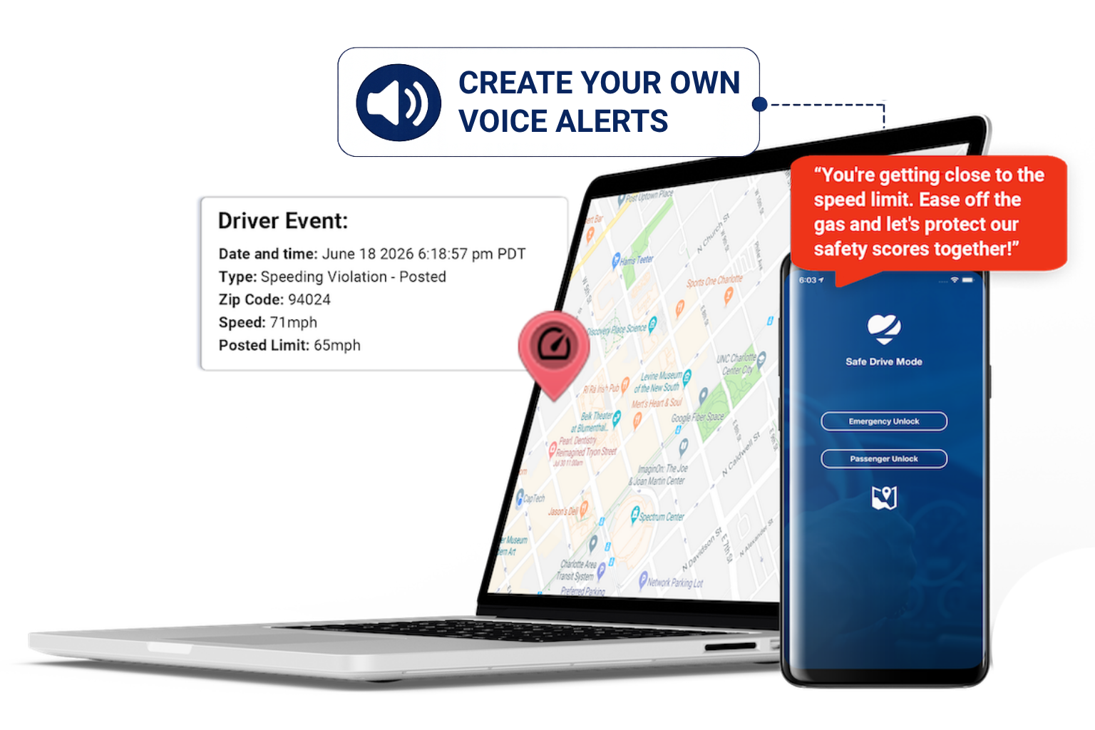 LifeSaver Sentinel dashboard showing a speeding violation event and a Safe Drive Mode phone screen
